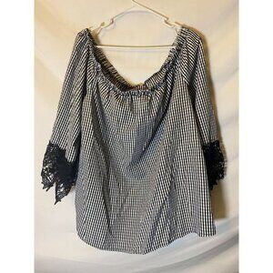 Unique Spectrum Womens Plus Size 3X Checked Black Shirt Top Blouse Romantic